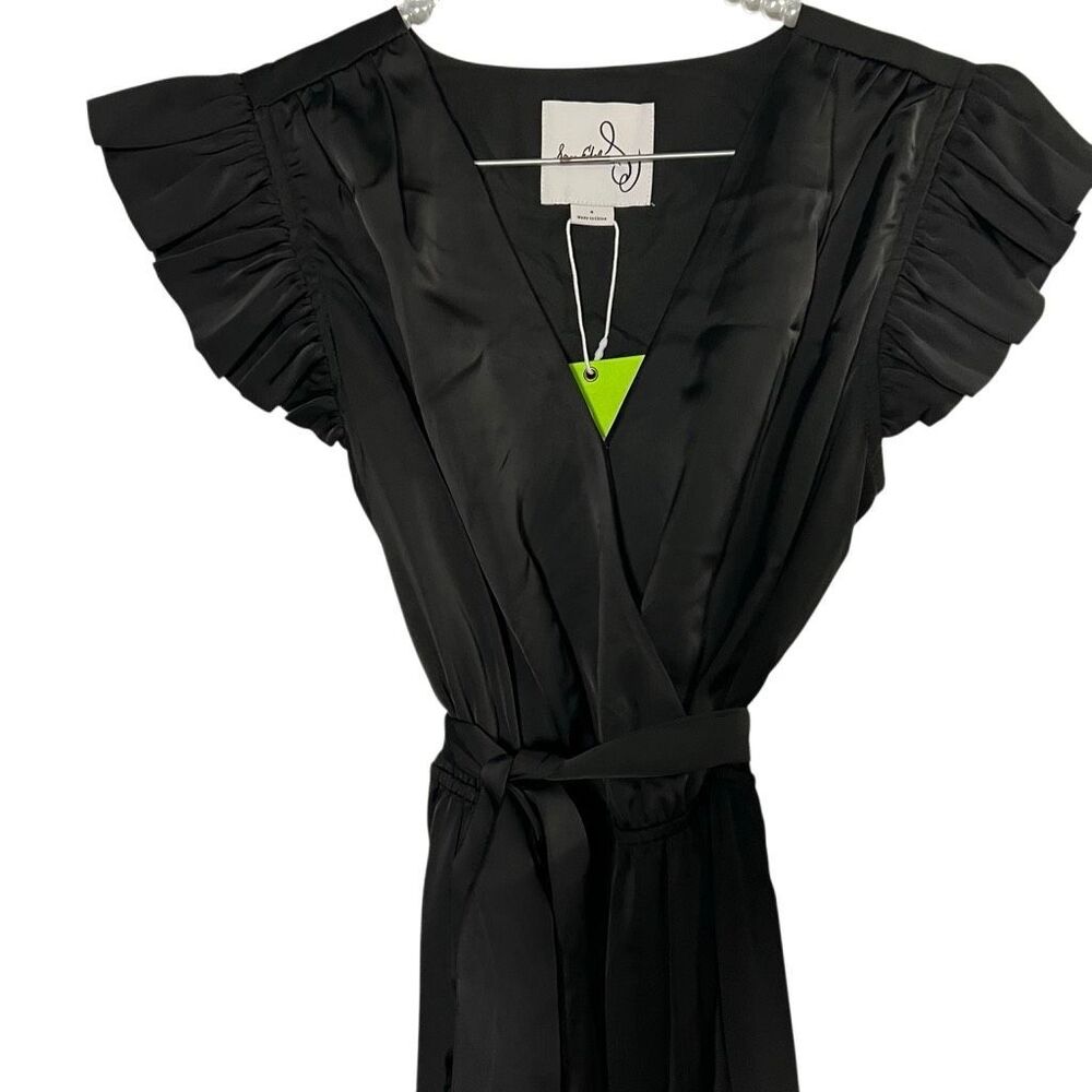 NWT Sam Edelman Black Satin Faux Wrap Dress Maxi Ruffle Romantic Evening Belt 6